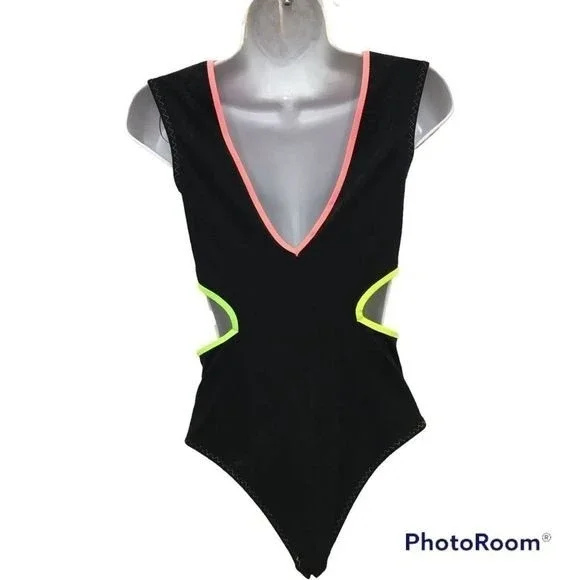 Zara Women’s Black Cut Out Piping Neón Trim Zip Front Cheeky Swimsuit Sz S NWT - Picture 3 of 14